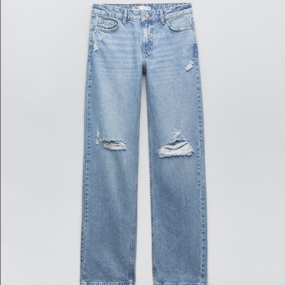 Zara Mid-Rise Straight Leg Distressed Jeans - Light Blue Color - Size 0
